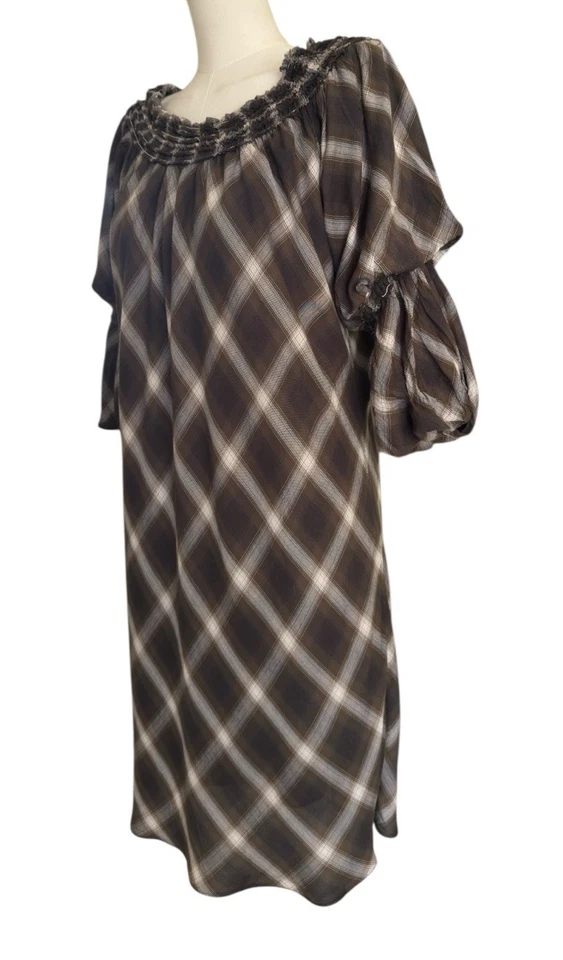 Max Studio Plaid Off Shoulder Boho Bell Sleeve Lined Pullover Dress Women's Sz L - Image 2 of 4