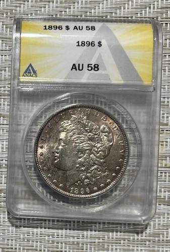 1896 MORGAN SILVER DOLLAR ANACS AU58 TONED. BONUS 1 GRAM BAR. 999 SILVER