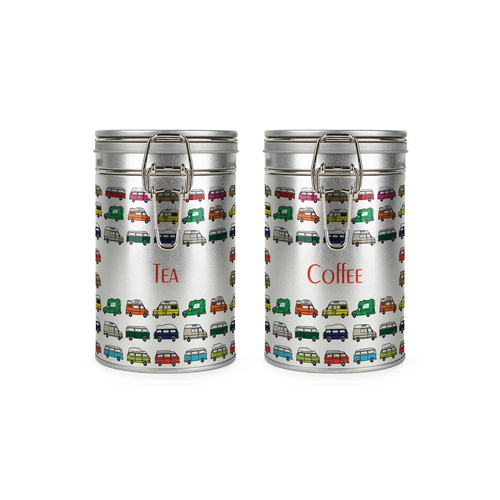 Campervans Tea & Coffee Canisters Set - Silver Storage Gift Tins for Campers