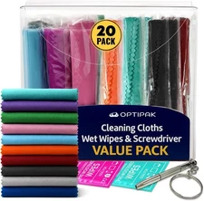 OPTIPAK 20 Microfiber Cleaning Cloths Kit – Lens Wipes & Mini Screwdriver