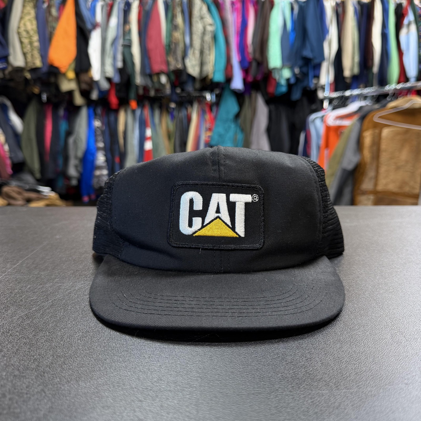 Vintage CYRK CAT Hat Cap Snap Back One Size Black Mesh Trucker Mens Made USA 90s