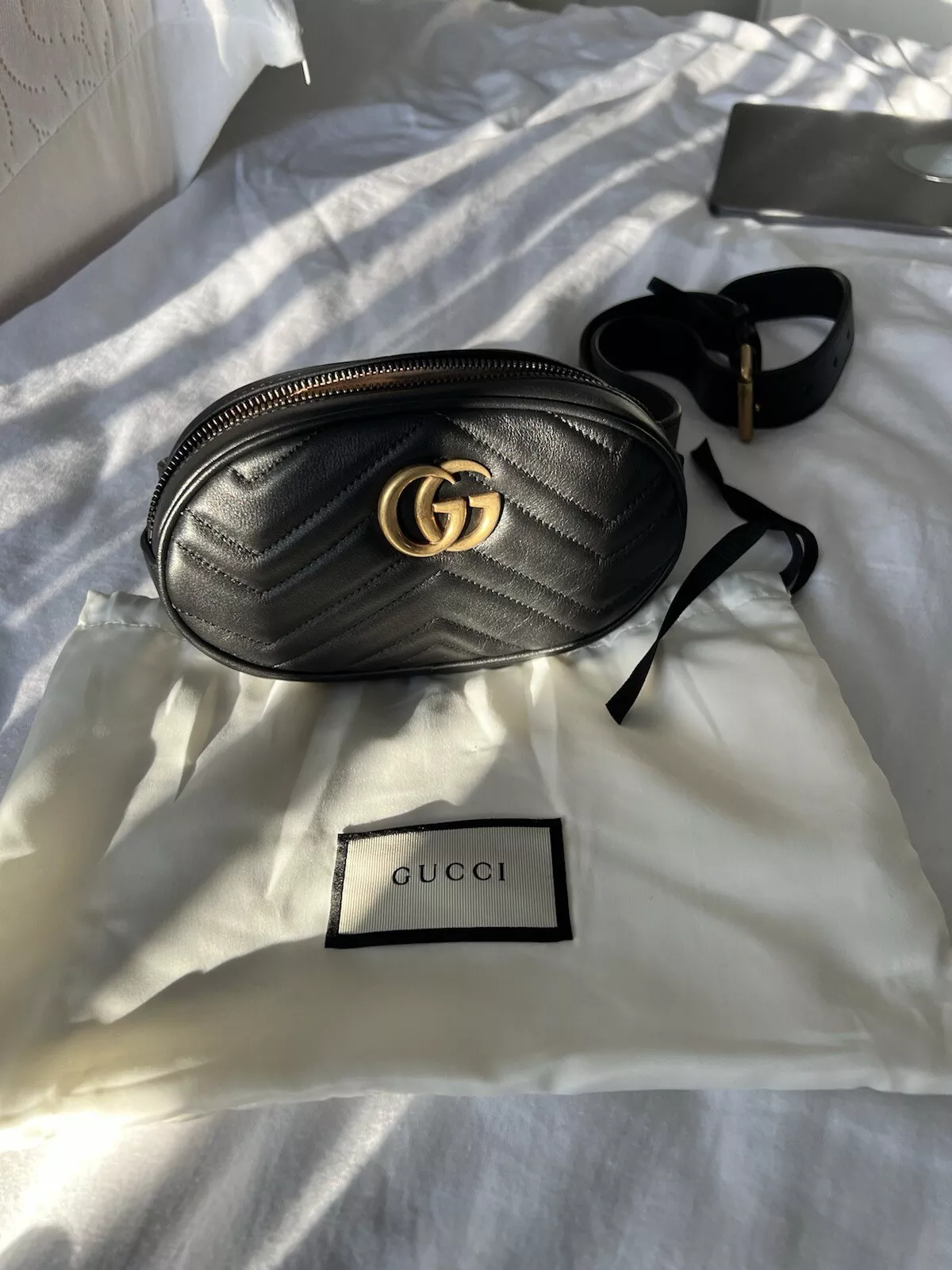 Gucci GG Marmont Chevron Matelasse Ceinture / Sac à Fesses Petit Cuir Noir 95cm
