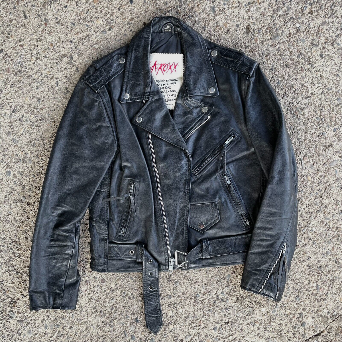 Vintage Black Leather Jacket Belted LA ROXX 38 Biker Rocker Punk