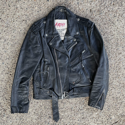 Vintage Black Belted LA ROXX Leather Jacket 38 Biker Rocker Punk