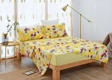DaDa Bedding Sunshine Yellow Hummingbirds Floral Fitted & Flat Bed Sheets Set