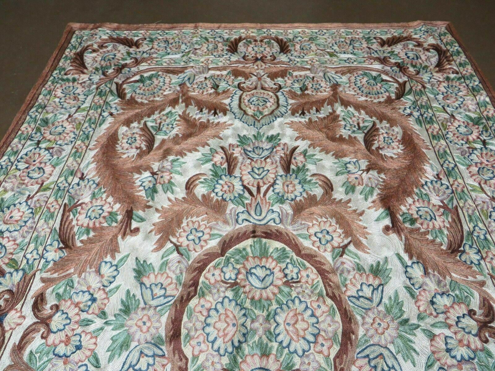 4' X 6' Vintage Embroidery Hand Stitched Rug Silk On Cotton India ...