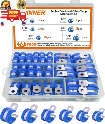 52pcs Cable Clamps Assortment Kit, 304 Stainless Steel Rubber Cushion Pipe Clamps In 6 Sizes 14 516 38 12 58 34