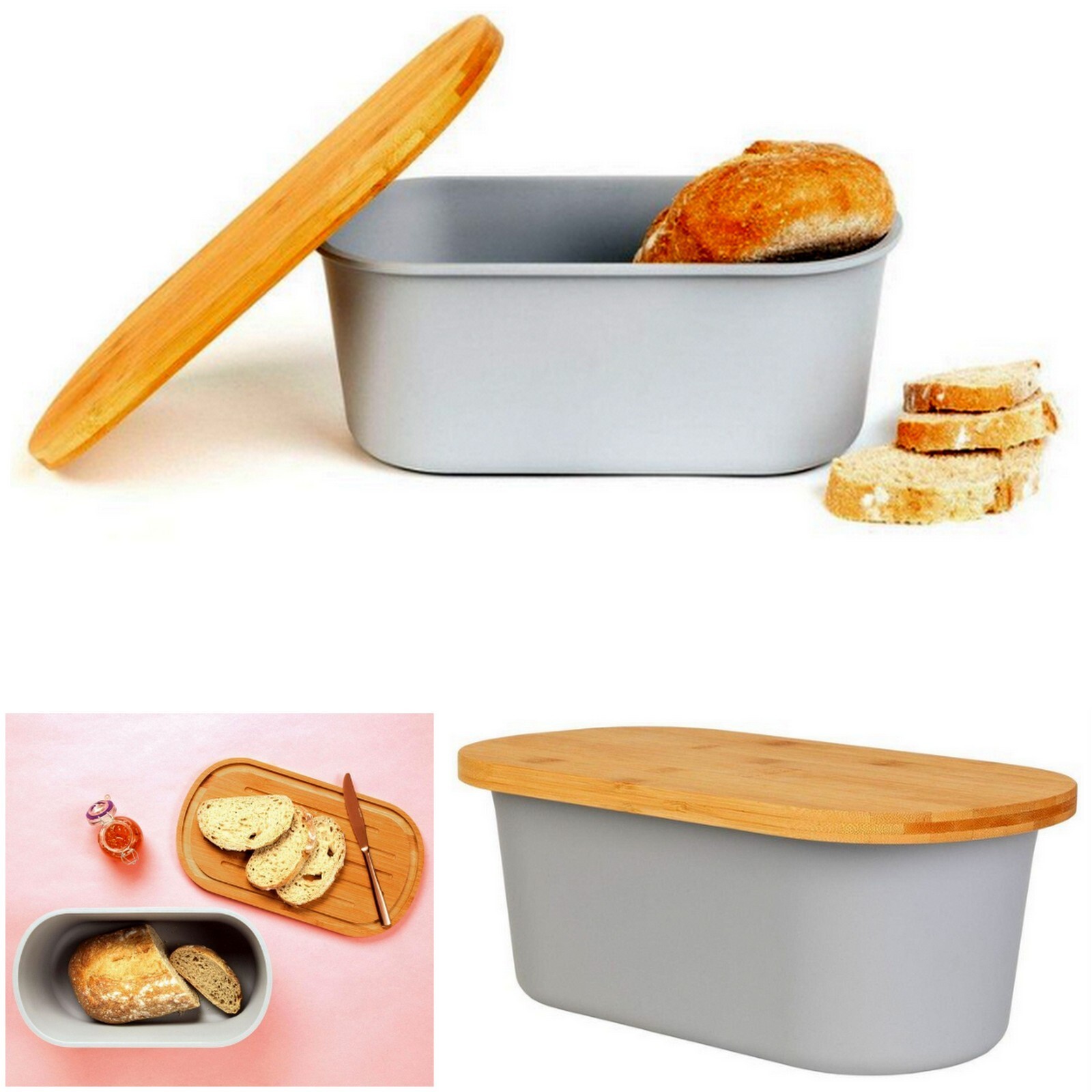 Grey Bread Bin with Bamboo Lid Cutting Bread Board Loaf Storage Box Tin BPA Free eBay