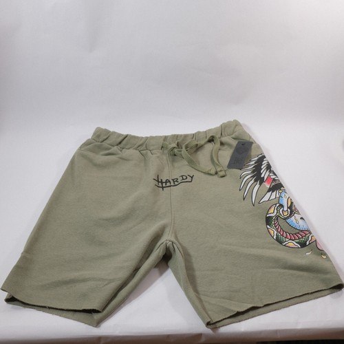 ED Hardy Eagle Skull Snake Graphic Print Fleece Sweat Shorts Mens M Olive Green - Picture 2 of 8