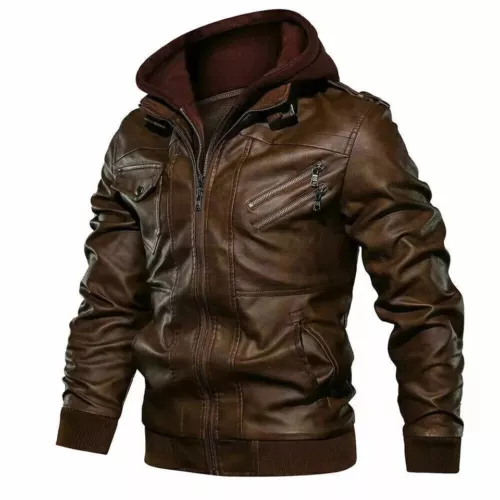 Herren Vintage Echtes Leder Jacke Brown Bomber Winter Jacke Mantel mit Kapuze - Bild 2 von 7