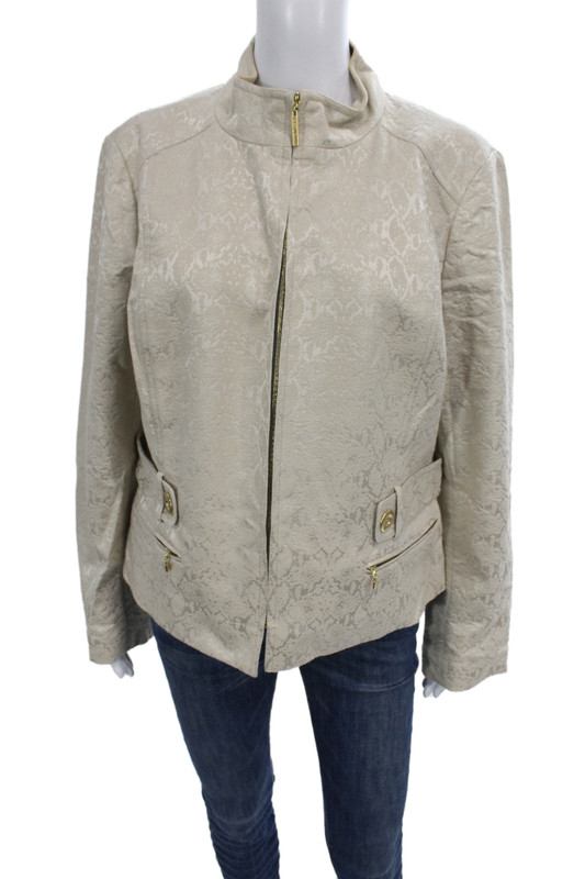 St. John Women Beige Animal Print Mock Neck Button Jacket Long Sleeve Size 14