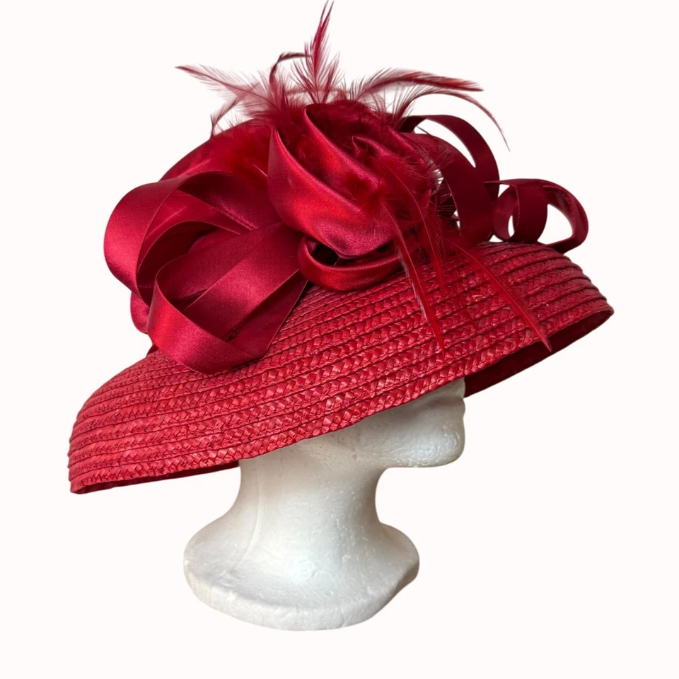 Sombrero de paja rojo ala ancha de colección elegante iglesia dominical moda cinta satinada plumas Foto 3 de 4