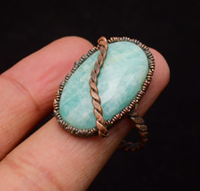 Amazonite Gemstone Copper Wire Wrapped Handmade Jewelry Ring Size 9.5