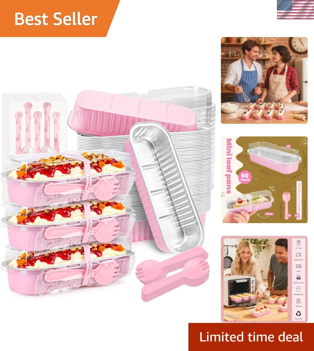 Complete Mini Loaf Pans Set - 60 Rectangular Aluminum Containers with Lids
