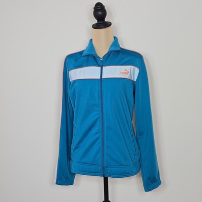 Puma Track Jacket Blue Teal Orange Stripe Zip Up Athletic Womens Size L