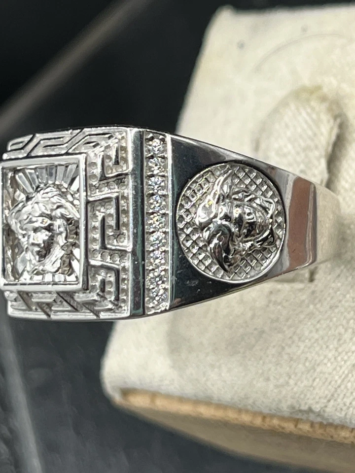 Anillo de plata esterlina con cabeza de Medusa y llave griega para hombre corte talla 12 firmado Foto 2 de 4