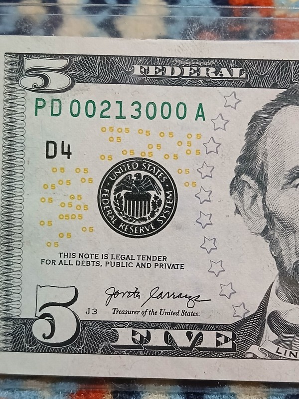 2017A Lincoln $5 Banknote Unique Serial Number PD 00213000 A