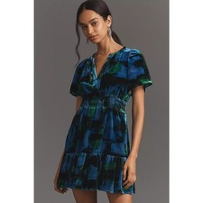 NWT Anthropologie Maeve Somerset Velvet Mini Dress $148 X-SMALL Blue Motif 