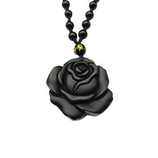 Feng Shui Black Obsidian Rose Pendant Necklace Stone of Protection