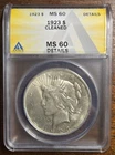 1923 Peace Silver Dollar ANACS MS60 Details Cleaned–High Silver Content, Slabbed