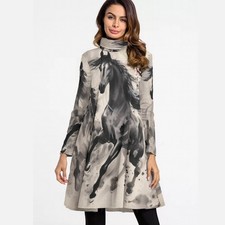 Ukiyo-e Horse High Neck Dress, Japanese Brush Painting Long Sleeve dress, autumn