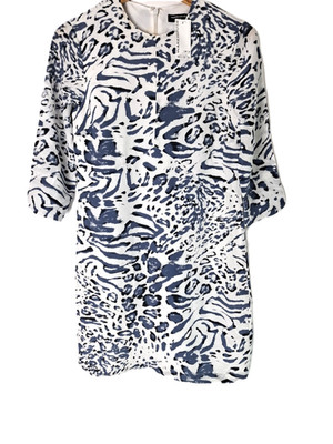 Warehouse Silk Shift Dress Women White Blue Animal Fitted Back Zip Size AU/UK:8