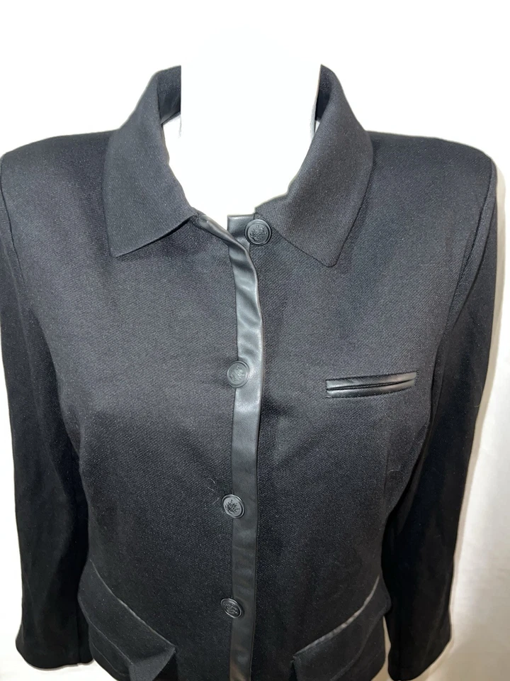 CAbi Jacket Size L 3376 Black Tudor Ponte Knit Faux Leather Trim Button Blazer - Image 2 of 4