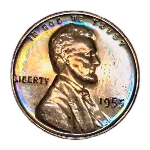 Exceptional Rainbow Toning 1955 Proof Lincoln Wheat Back Penny UNC RB Nice Coin!
