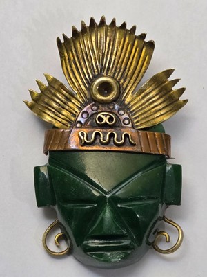 Casa Maya Mexico Mixed Metal Jade Aztec God Head Amulet Broach/Pendant