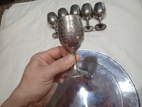 Set of Six Small metal 4" Goblets on 12" wide floral metal tray barware - Picture 8 of 10