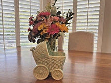 Vintage Blue Ceramic Baby Buggy Stroller CUTE LITTLE PLANTER Nursery Decor