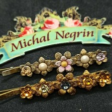 Michal Negrin 2 Hairpins Romantic Flowers With Crystals Christmas Gift Bag Pair