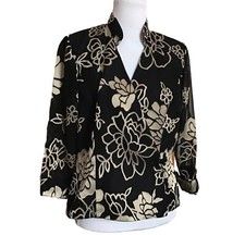 ALEX EVENING Sz L Lined Floral Button Wrap Shirt Jacket 3/4 Sleeve Black/Beige