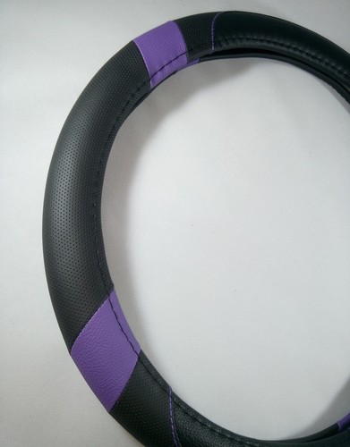 Non Slip Water & Stain Resist PU Steering Wheel Cover Good Fit (Black & Purple) - Picture 3 of 6