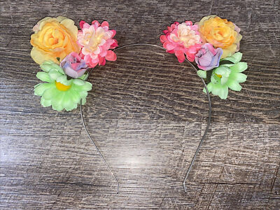Claire’s Floral Cat Ear Headband Daisy Rose Rainbow Pink Green Purple Nwot 