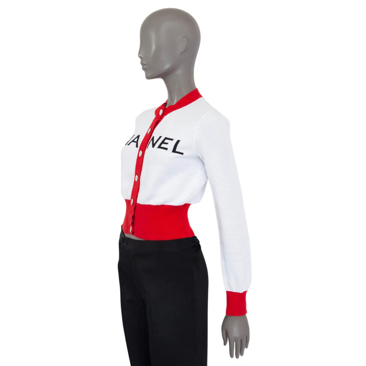 65715 auth CHANEL red & white cotton ICONIC 2019 CROPPED Cardigan Sweater  36 XS