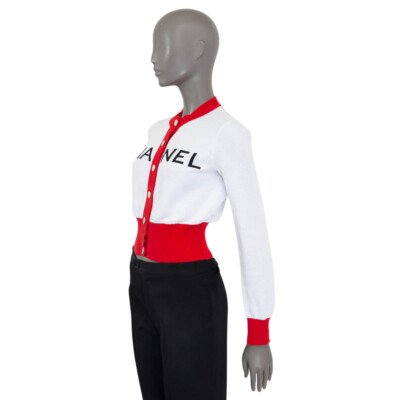 65715 auth CHANEL red & white cotton ICONIC 2019 CROPPED