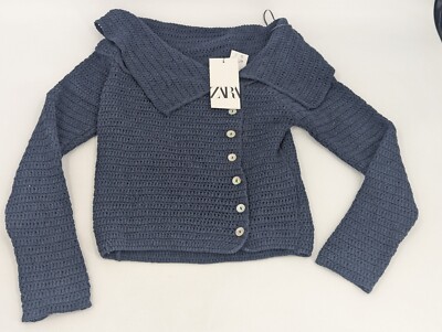 ZARA Knit Cropped Sweater Knit Cardigan Navy Blue Size M Front Button NWT 
