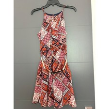 By & By Womens Halter Mini Dress Orange Navy Patchwork Paisley Belted Size M