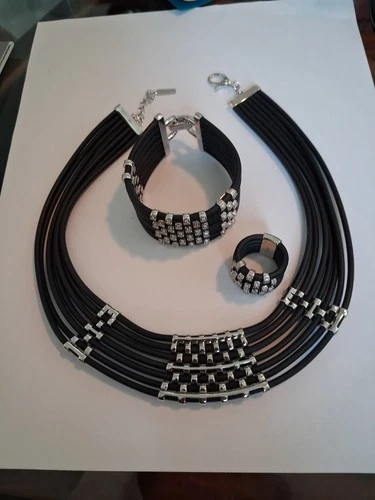 Vintage Belle Etoile Sterling 925 Leather Ring Size 7.5 Bracelet Necklace Set