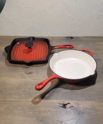 Pair Of Red Enameled Cast Iron Frying Pan w/Panini Press Lid Plus Deep Pan