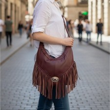 NWT Genuine Leather Southwestern Pleated Fringe Concho Purse In Burgandy