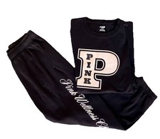 Victoria  s Secret PINK 2 Pc Set T Shirt and Sweatpants M Black Ivory