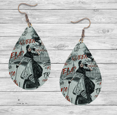 101 Dalmatians: Cruella De Ville Wooden Teardrop Earrings with Hypoallergenic