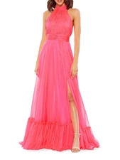 Mac Duggal Hot Pink High Neck Tiered Chiffon Halter Side Slit Gown Size 12 $358