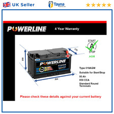 AGM Car Battery 019AGM Powerline 019 850A 95Ah 4Yr WTY 354x175x190 Start Stop