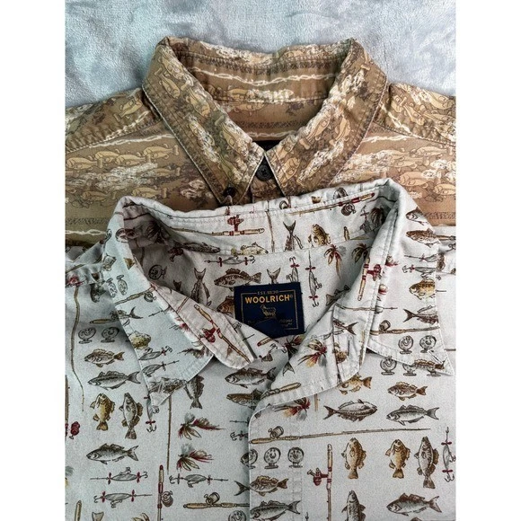 Lot of 2 Woolrich Shirts Mens 2XL Short Sleeve Button Down Fishing Scenic Print