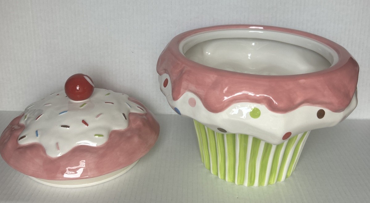 11 Inches Tall Cupcake Ceramic Cookie Jar Container, Hand Painted