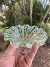VINTAGE MURANO ART GLASS GREEN / WHITE / GOLD LATTICINO RIBBON 5" FOOTED BOWL