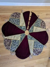 Christmas Tree Skirt Brocade Velvet Tapestry Patchwork Gold Trim 50" Maroon 